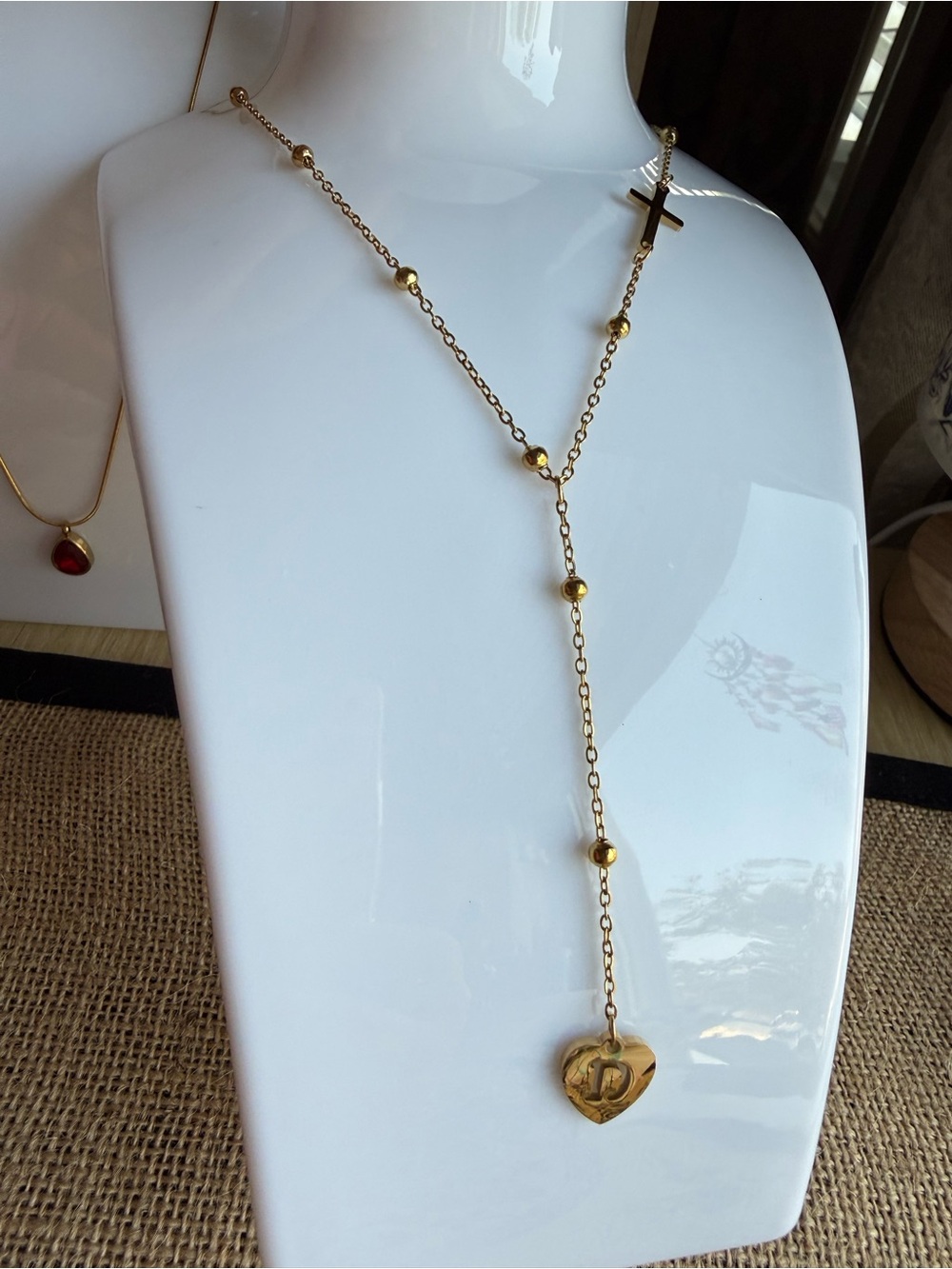 Gold Beaded Heart Lariat Necklace - Women Jewelry